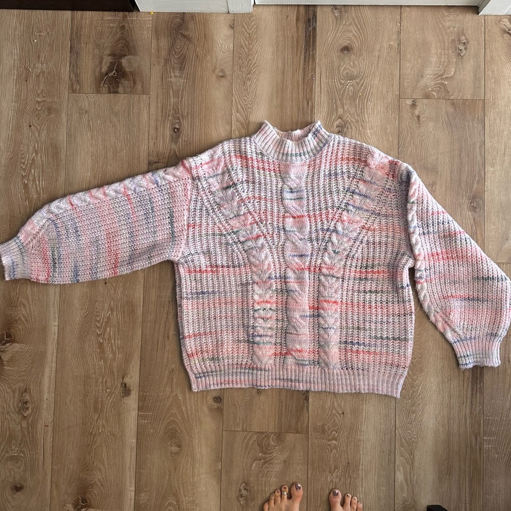 Grace + Karma Pink Blue White Knit Balloon Sleeve Mock Neck Sweater Size 1X NWOT